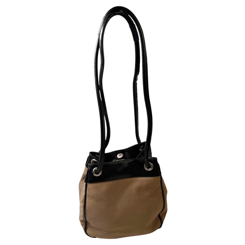 VTG Aleda for Bloomingdale's Tan Canvas Black Leather Trim Bucket Bag Made Italy